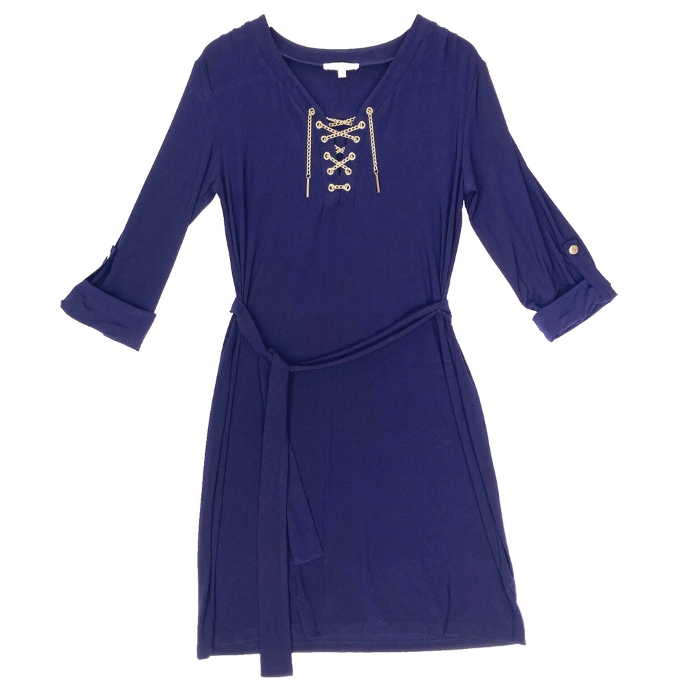 Spense Lace Up Gold Chain Dress Womens L 12 Roll Tab Nautical Coastal Navy Blue
